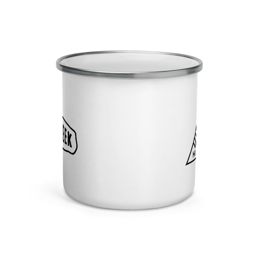 Hike & Seek printed white camping and hiking enamel mug