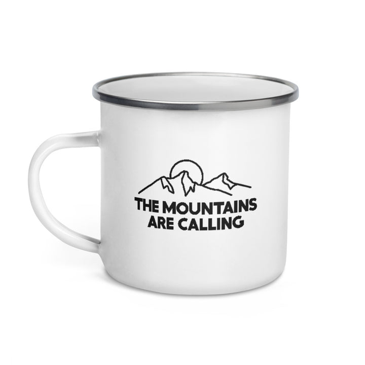 Hike & Seek printed white camping and hiking enamel mug