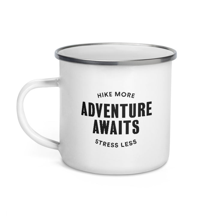 Hike & Seek printed white camping and hiking enamel mug