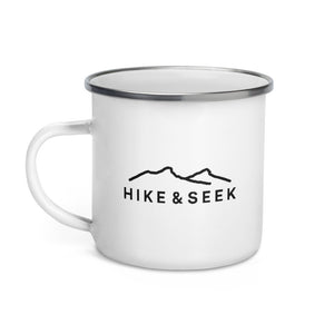 Hike & Seek printed white camping and hiking enamel mug