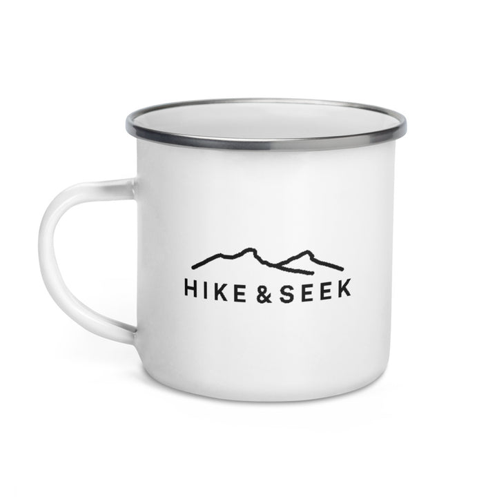 Hike & Seek printed white camping and hiking enamel mug