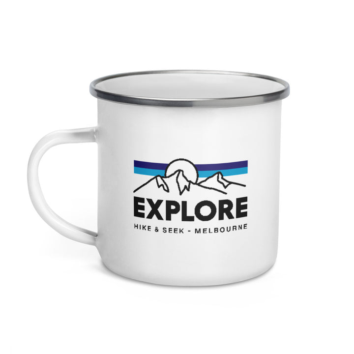 Hike & Seek printed white camping enamel mug