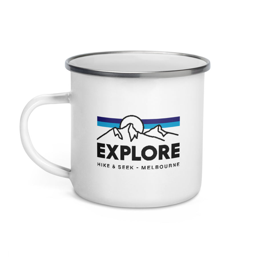 Hike & Seek printed white camping enamel mug