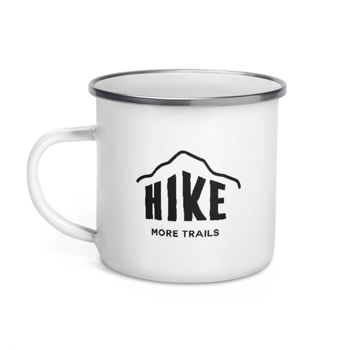 Hike & Seek printed white camping and hiking enamel mug