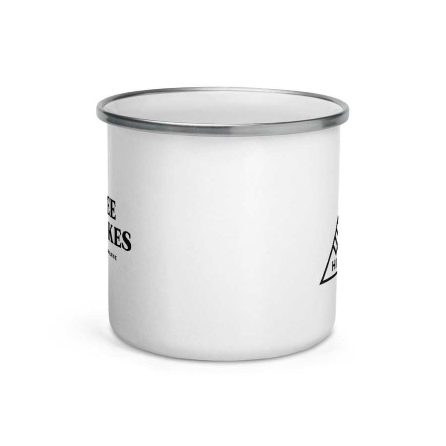 Hike & Seek printed white camping enamel mug