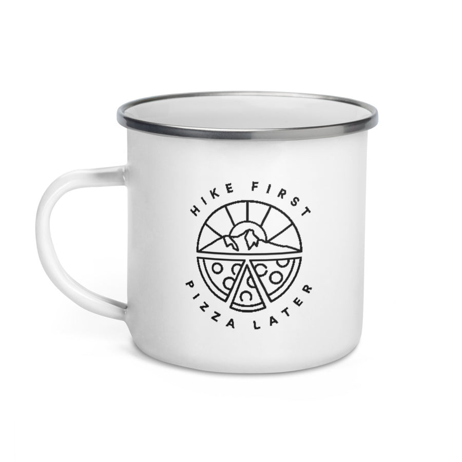 Hike & Seek printed white camping and hiking enamel mug