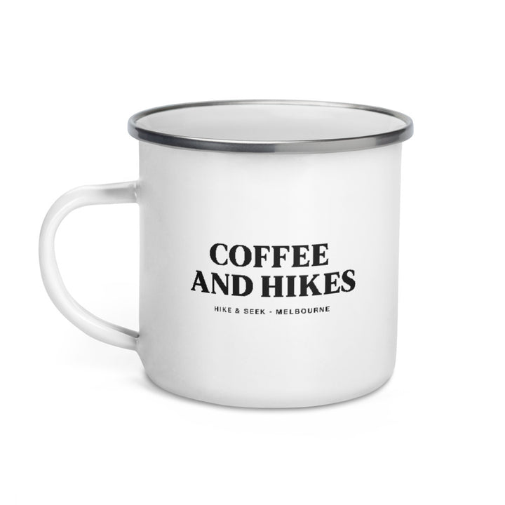Hike & Seek printed white camping enamel mug
