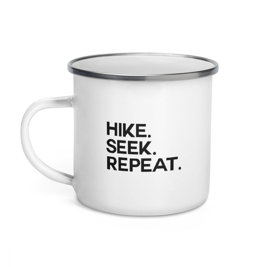 Hike & Seek printed white camping and hiking enamel mug
