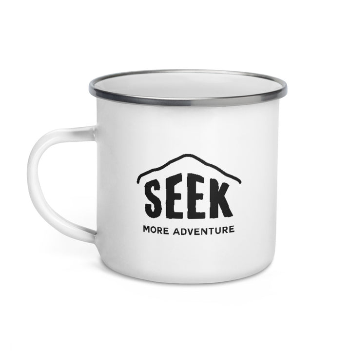 Hike & Seek printed white camping and hiking enamel mug