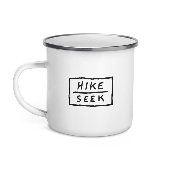 Hike & Seek printed white camping and hiking enamel mug