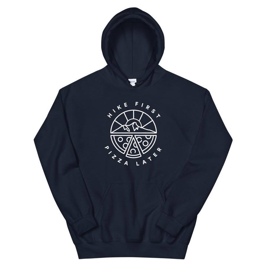 Hike & Seek hike first pizza later printed hiking inspired hoodie for men and women