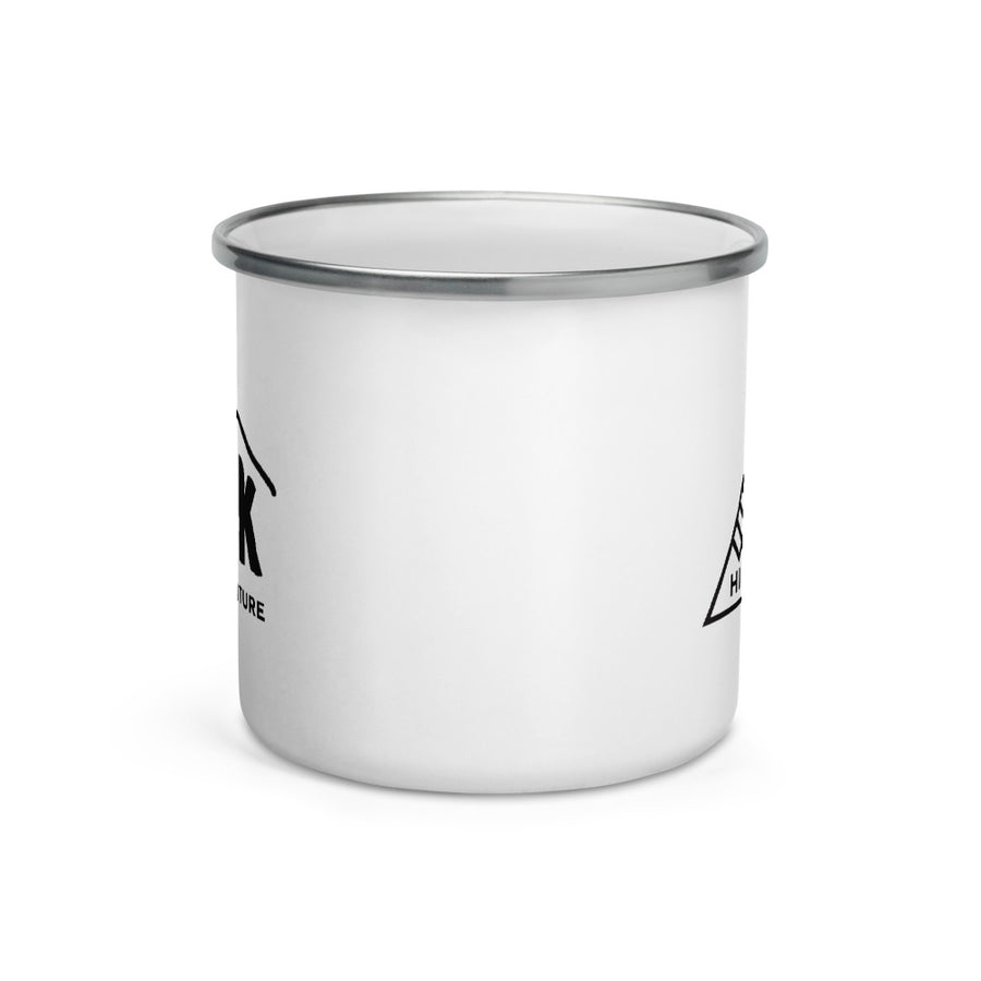 Hike & Seek printed white camping and hiking enamel mug