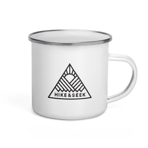 Hike & Seek printed white camping and hiking enamel mug