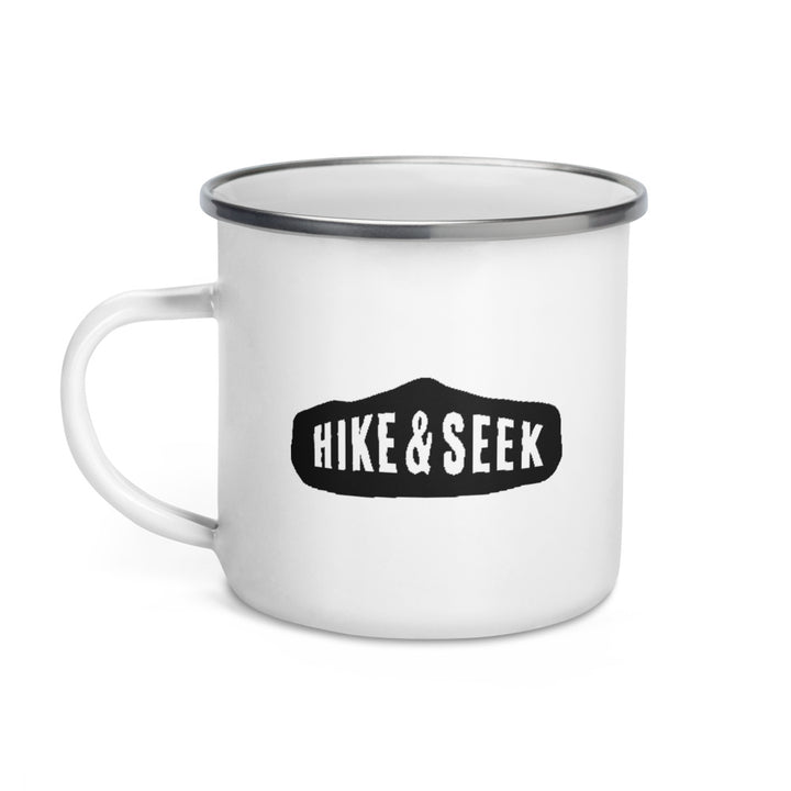 Hike & Seek printed white camping and hiking enamel mug