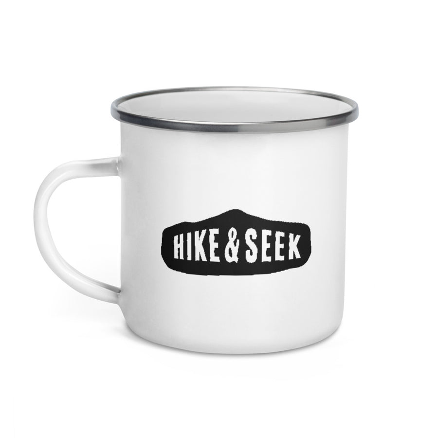 Hike & Seek printed white camping and hiking enamel mug