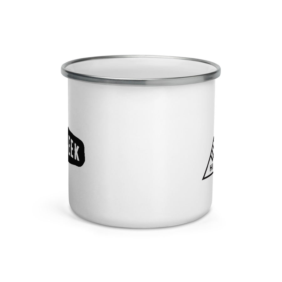 Hike & Seek printed white camping and hiking enamel mug