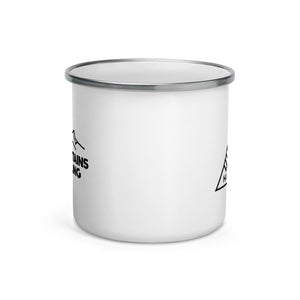 Hike & Seek printed white camping and hiking enamel mug