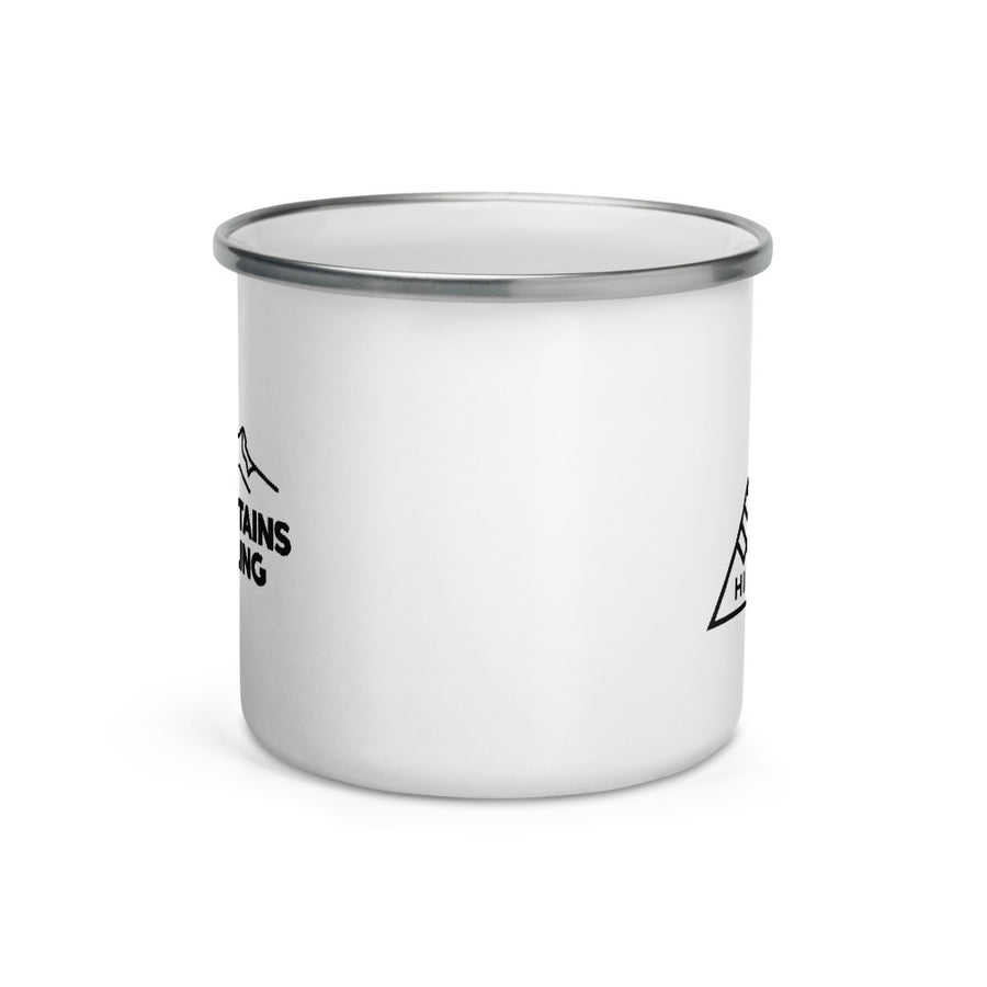 Hike & Seek printed white camping and hiking enamel mug