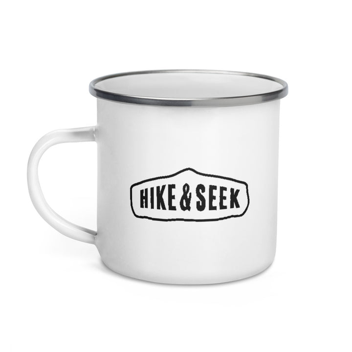 Hike & Seek printed white camping and hiking enamel mug