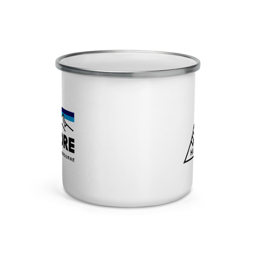 Hike & Seek printed white camping enamel mug