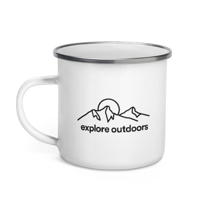 Hike & Seek printed white camping and hiking enamel mug