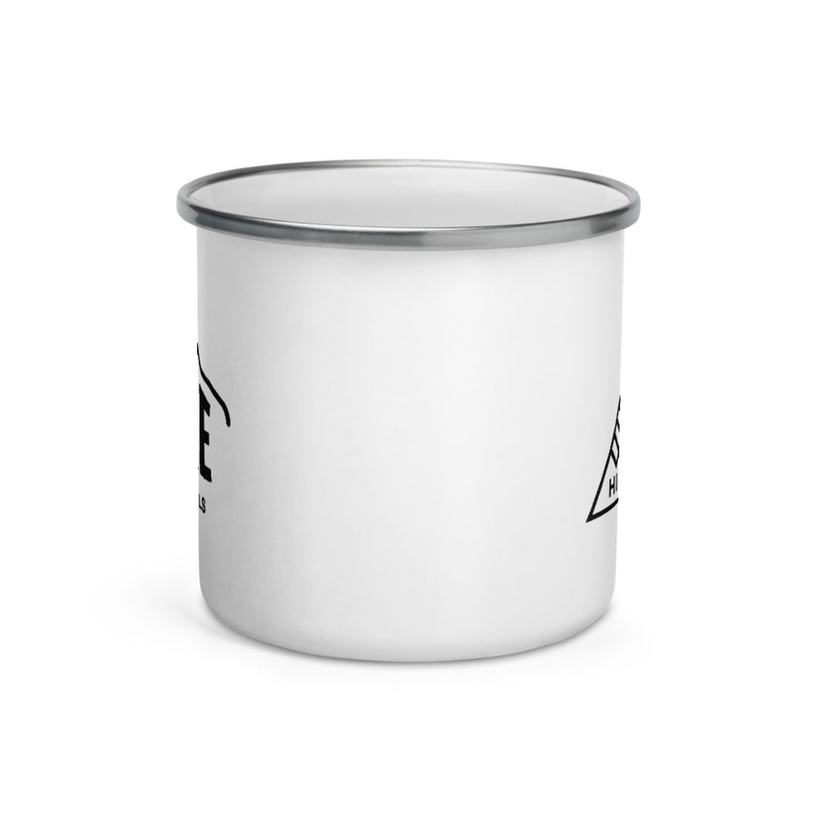 Hike & Seek printed white camping and hiking enamel mug
